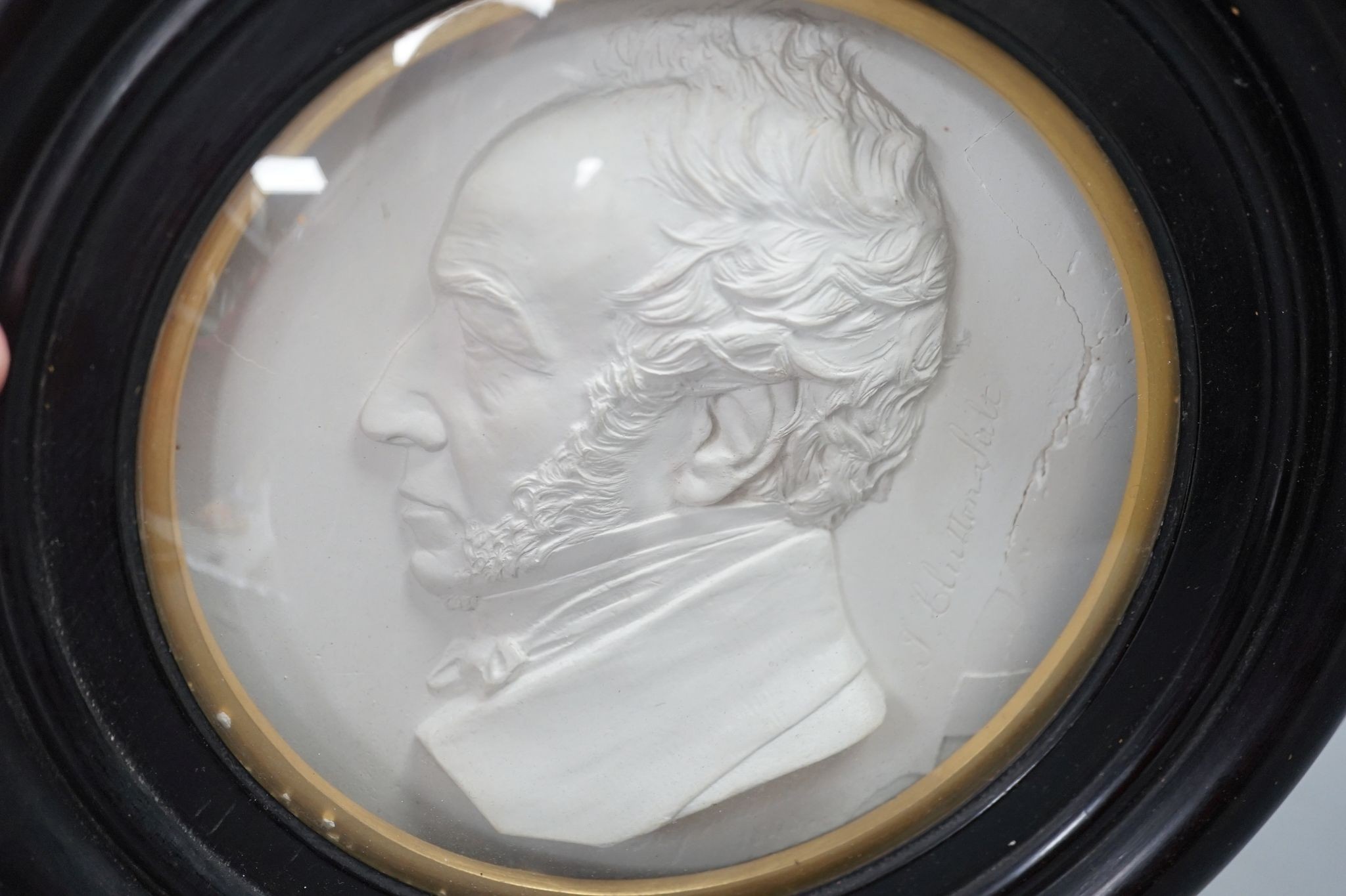 A 19th century cast plaster relief rounded portrait of Thomas Clutton Salt, lamp maker of Brimingham (af)